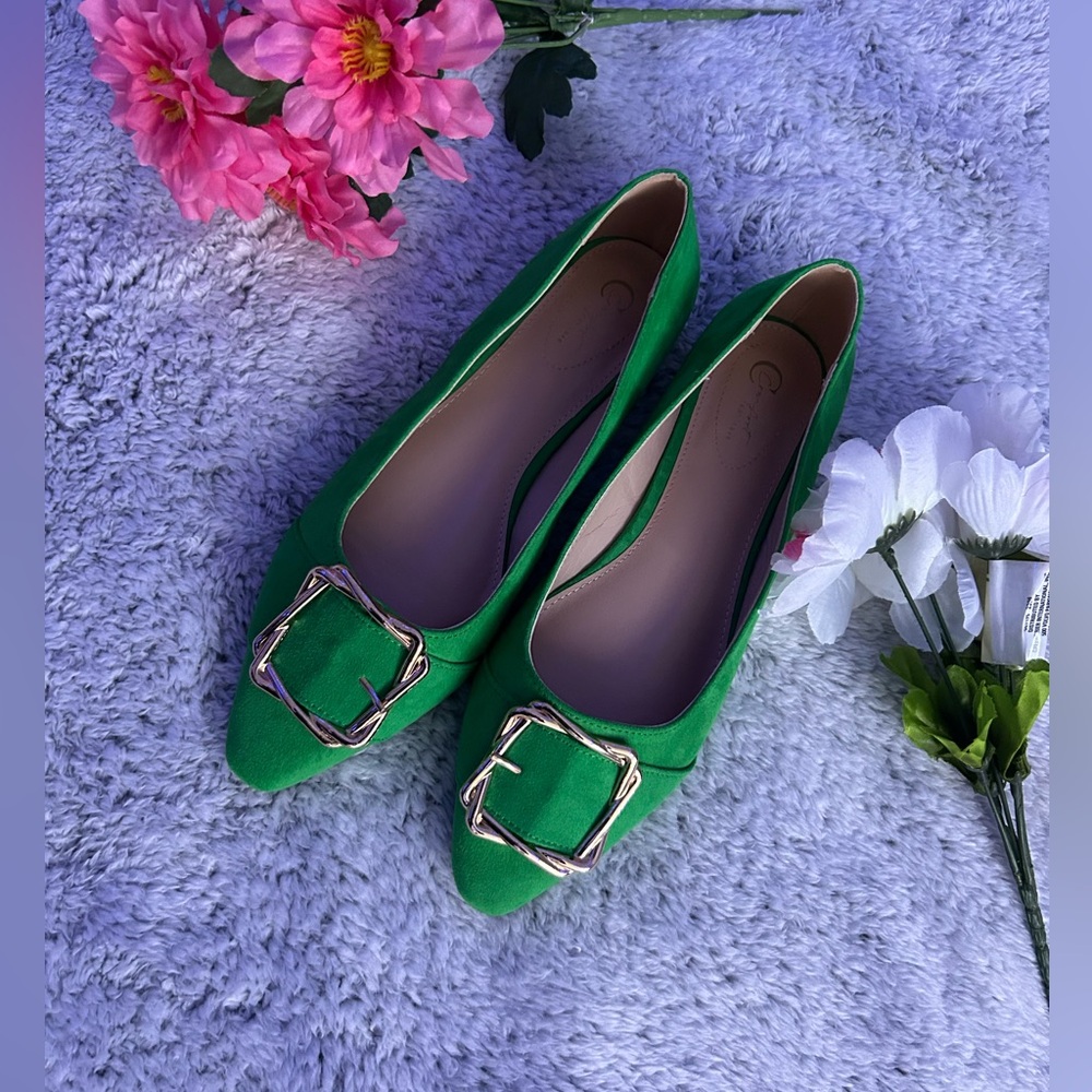 Green Women's Pointed Toe Flats with Gold Buckle